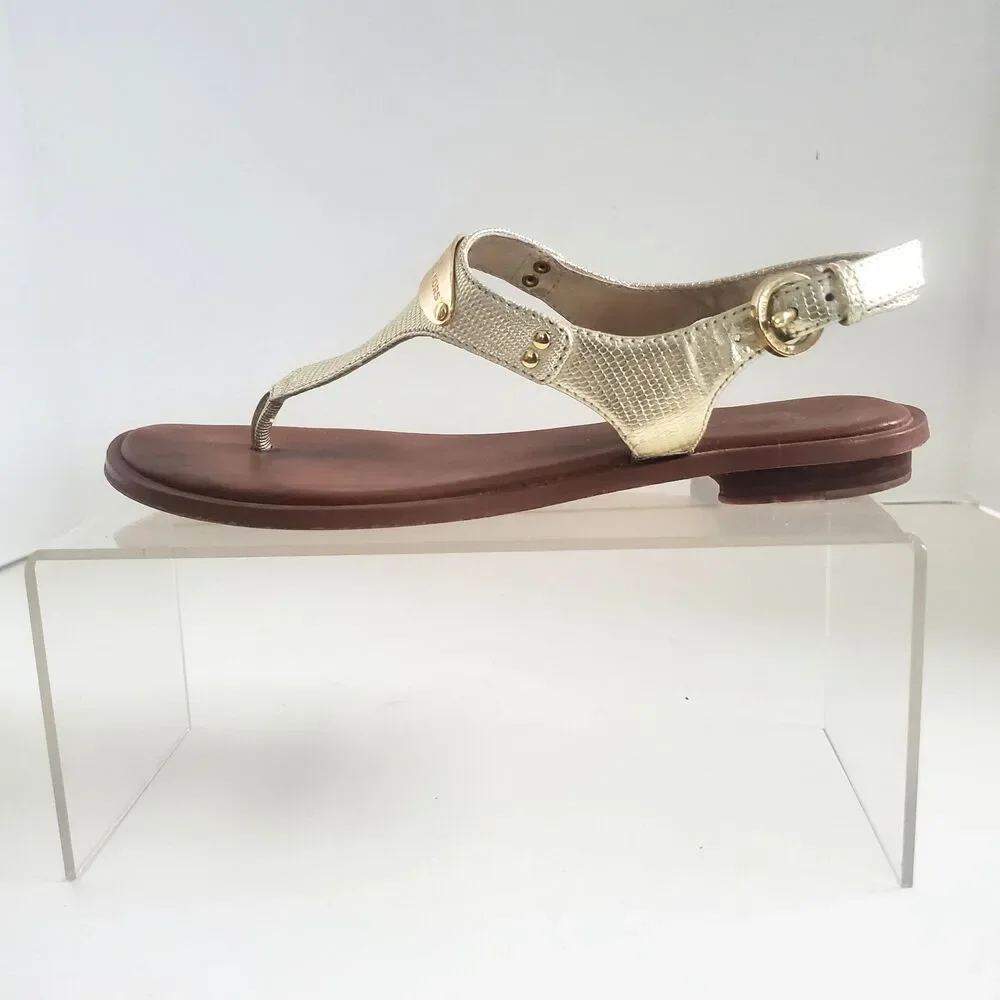 Michael Kors MK Plate Women's Thong Sandals Size 8M Gold Leather Ankle Strap
